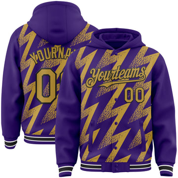 Custom Purple Old Gold Black-White Zigzag Shape 3D Pattern Design Bomber Full-Snap Varsity Letterman Hoodie Jacket