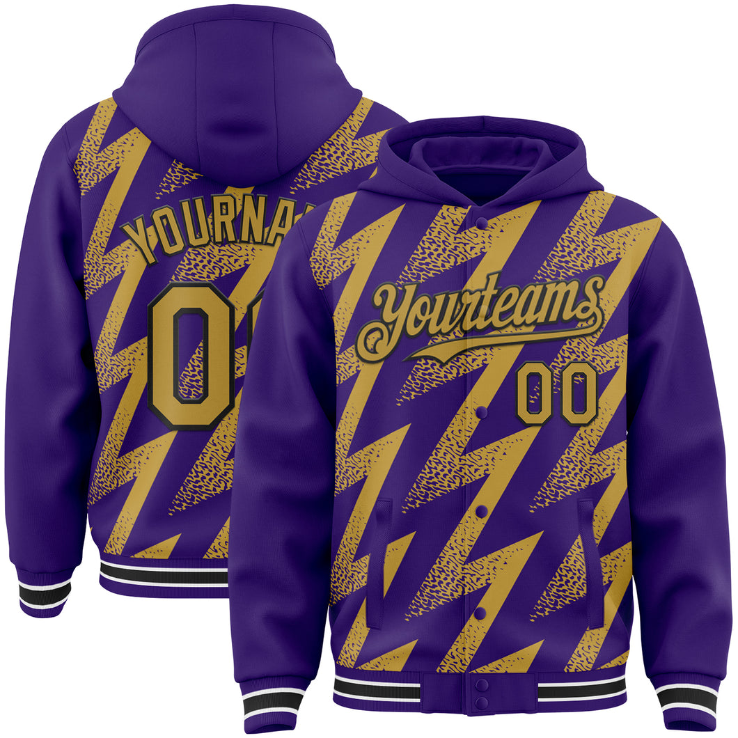 Custom Purple Old Gold Black-White Zigzag Shape 3D Pattern Design Bomber Full-Snap Varsity Letterman Hoodie Jacket
