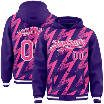 Custom Purple Pink-White Zigzag Shape 3D Pattern Design Bomber Full-Snap Varsity Letterman Hoodie Jacket