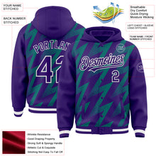 Load image into Gallery viewer, Custom Purple Teal-White Zigzag Shape 3D Pattern Design Bomber Full-Snap Varsity Letterman Hoodie Jacket

