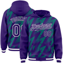 Load image into Gallery viewer, Custom Purple Teal-White Zigzag Shape 3D Pattern Design Bomber Full-Snap Varsity Letterman Hoodie Jacket
