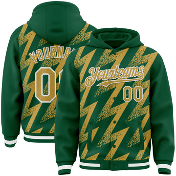 Custom Kelly Green Old Gold-White Zigzag Shape 3D Pattern Design Bomber Full-Snap Varsity Letterman Hoodie Jacket
