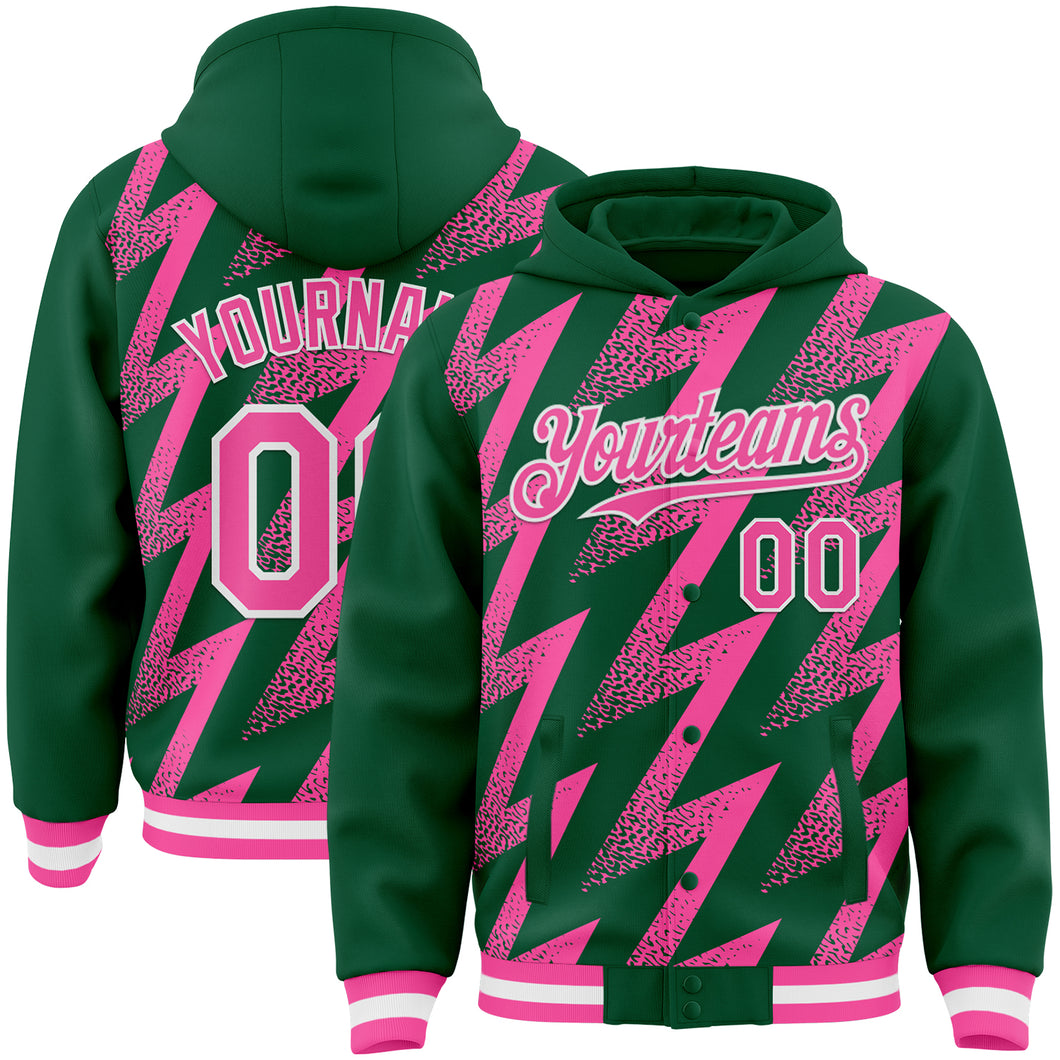 Custom Kelly Green Pink-White Zigzag Shape 3D Pattern Design Bomber Full-Snap Varsity Letterman Hoodie Jacket