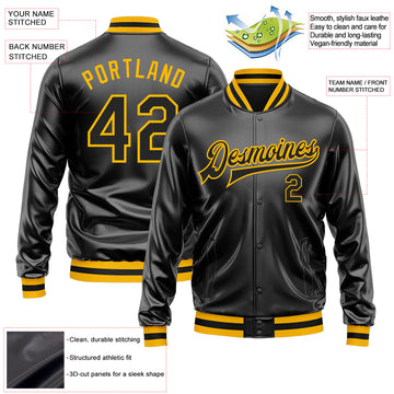 Custom Black Black-Gold Bomber Full-Snap Varsity Faux Leather Letterman Jacket