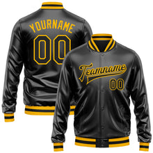 Load image into Gallery viewer, Custom Black Black-Gold Bomber Full-Snap Varsity Faux Leather Letterman Jacket
