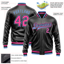 Load image into Gallery viewer, Custom Black Pink-Light Blue Bomber Full-Snap Varsity Faux Leather Letterman Jacket
