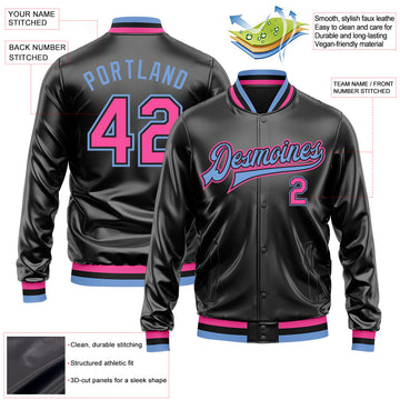 Custom Black Pink-Light Blue Bomber Full-Snap Varsity Faux Leather Letterman Jacket