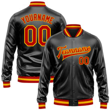 Загрузить изображение в средство просмотра галереи, Custom Black Red-Gold Bomber Full-Snap Varsity Faux Leather Letterman Jacket
