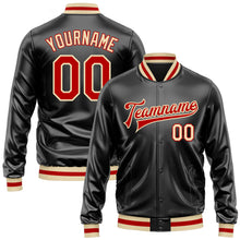 Load image into Gallery viewer, Custom Black Red-Cream Bomber Full-Snap Varsity Faux Leather Letterman Jacket
