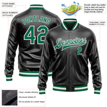 Load image into Gallery viewer, Custom Black Kelly Green-White Bomber Full-Snap Varsity Faux Leather Letterman Jacket
