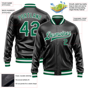 Custom Black Kelly Green-White Bomber Full-Snap Varsity Faux Leather Letterman Jacket