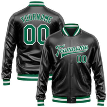 Load image into Gallery viewer, Custom Black Kelly Green-White Bomber Full-Snap Varsity Faux Leather Letterman Jacket
