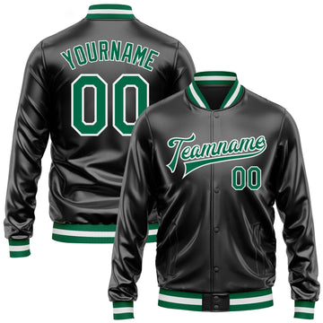 Custom Black Kelly Green-White Bomber Full-Snap Varsity Faux Leather Letterman Jacket
