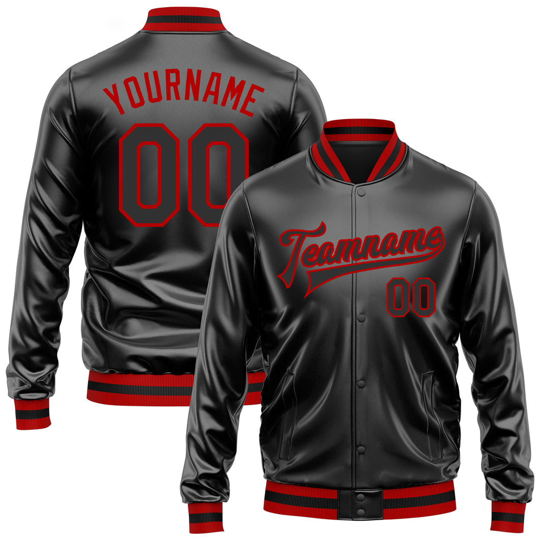 Custom Black Black-Red Bomber Full-Snap Varsity Faux Leather Letterman Jacket