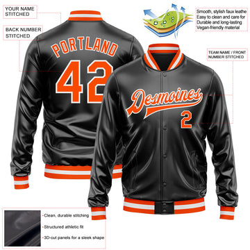 Custom Black Orange-White Bomber Full-Snap Varsity Faux Leather Letterman Jacket
