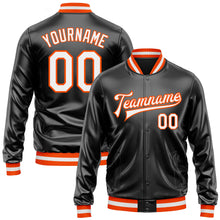 Load image into Gallery viewer, Custom Black White-Orange Bomber Full-Snap Varsity Faux Leather Letterman Jacket
