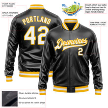 Load image into Gallery viewer, Custom Black White-Gold Bomber Full-Snap Varsity Faux Leather Letterman Jacket
