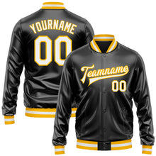 Load image into Gallery viewer, Custom Black White-Gold Bomber Full-Snap Varsity Faux Leather Letterman Jacket
