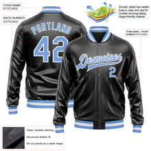 Load image into Gallery viewer, Custom Black Light Blue-White Bomber Full-Snap Varsity Faux Leather Letterman Jacket
