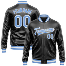 Load image into Gallery viewer, Custom Black Light Blue-White Bomber Full-Snap Varsity Faux Leather Letterman Jacket
