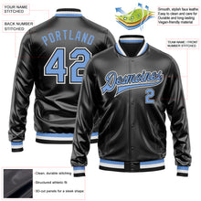 Load image into Gallery viewer, Custom Black Light Blue-White Bomber Full-Snap Varsity Faux Leather Letterman Jacket
