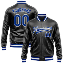 Load image into Gallery viewer, Custom Black Royal-White Bomber Full-Snap Varsity Faux Leather Letterman Jacket
