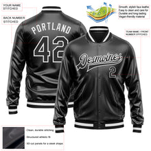 Load image into Gallery viewer, Custom Black Black-White Bomber Full-Snap Varsity Faux Leather Letterman Jacket
