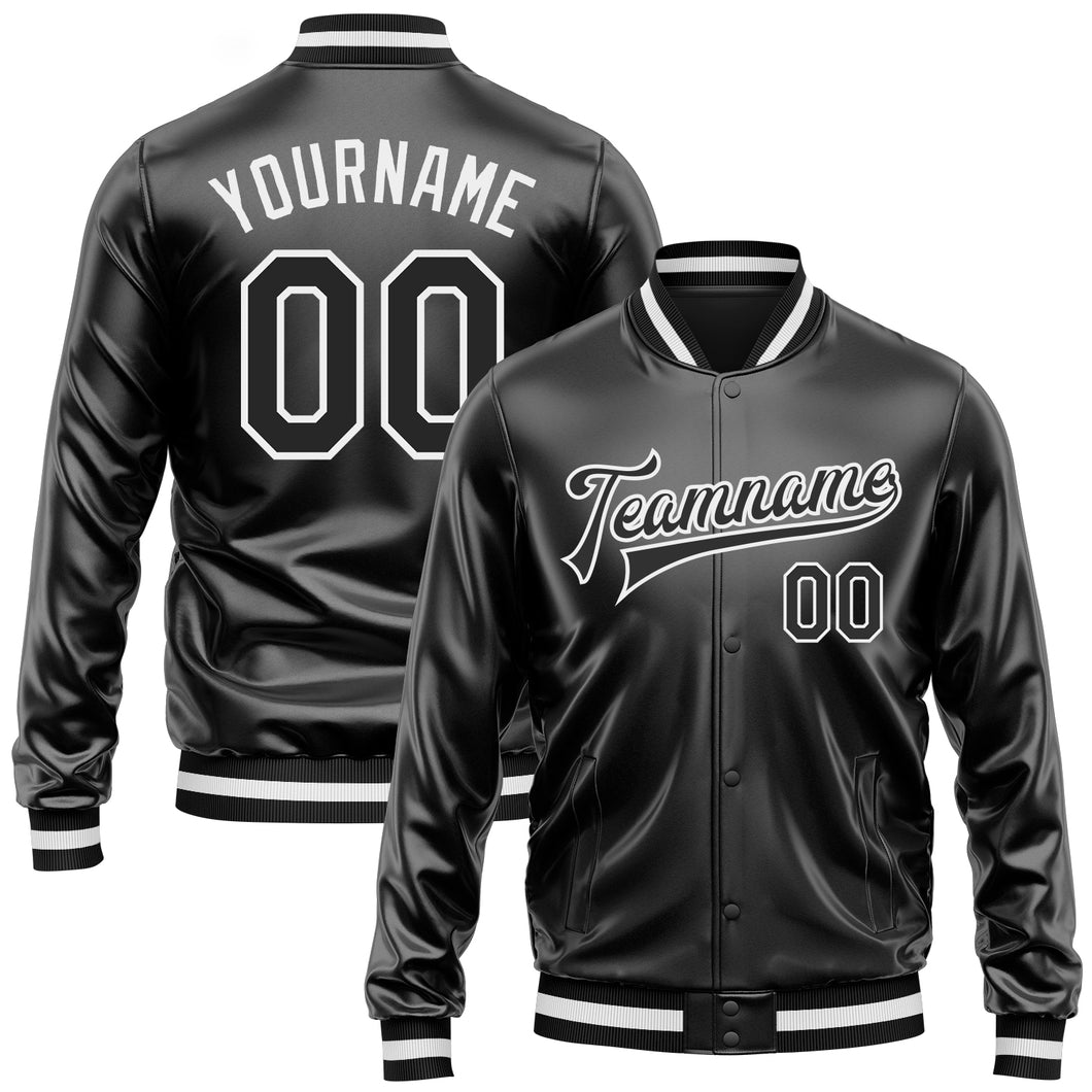 Custom Black Black-White Bomber Full-Snap Varsity Faux Leather Letterman Jacket