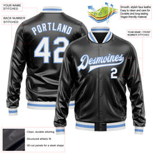 Load image into Gallery viewer, Custom Black White-Light Blue Bomber Full-Snap Varsity Faux Leather Letterman Jacket
