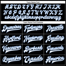 Load image into Gallery viewer, Custom Black White-Light Blue Bomber Full-Snap Varsity Faux Leather Letterman Jacket
