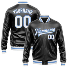 Load image into Gallery viewer, Custom Black White-Light Blue Bomber Full-Snap Varsity Faux Leather Letterman Jacket
