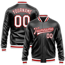 Загрузить изображение в средство просмотра галереи, Custom Black White-Red Bomber Full-Snap Varsity Faux Leather Letterman Jacket

