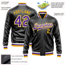 Загрузить изображение в средство просмотра галереи, Custom Black Purple-Gold Bomber Full-Snap Varsity Faux Leather Letterman Jacket
