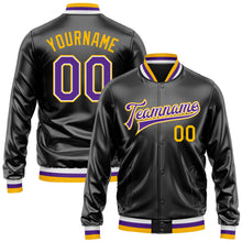 Загрузить изображение в средство просмотра галереи, Custom Black Purple-Gold Bomber Full-Snap Varsity Faux Leather Letterman Jacket
