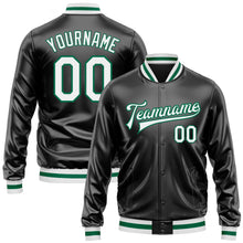 Загрузить изображение в средство просмотра галереи, Custom Black White-Kelly Green Bomber Full-Snap Varsity Faux Leather Letterman Jacket
