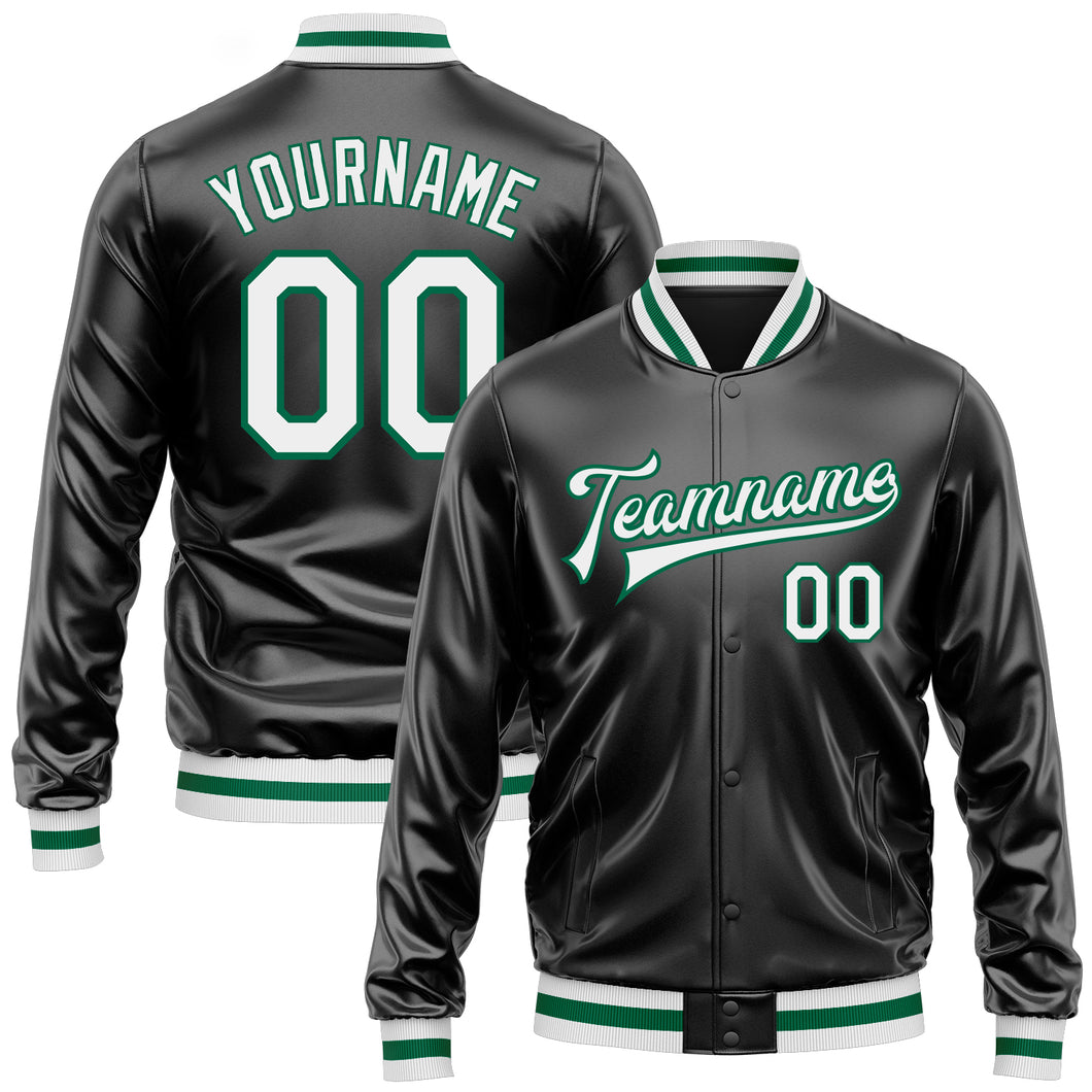 Custom Black White-Kelly Green Bomber Full-Snap Varsity Faux Leather Letterman Jacket
