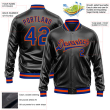 Загрузить изображение в средство просмотра галереи, Custom Black Royal-Orange Bomber Full-Snap Varsity Faux Leather Letterman Jacket
