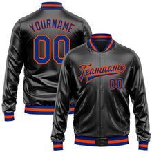 Загрузить изображение в средство просмотра галереи, Custom Black Royal-Orange Bomber Full-Snap Varsity Faux Leather Letterman Jacket
