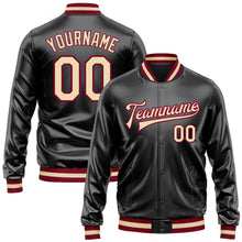 Загрузить изображение в средство просмотра галереи, Custom Black Cream-Maroon Bomber Full-Snap Varsity Faux Leather Letterman Jacket
