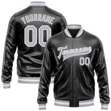 Загрузить изображение в средство просмотра галереи, Custom Black Gray-White Bomber Full-Snap Varsity Faux Leather Letterman Jacket

