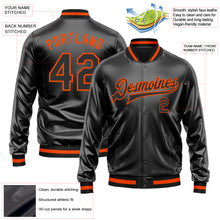 Загрузить изображение в средство просмотра галереи, Custom Black Black-Orange Bomber Full-Snap Varsity Faux Leather Letterman Jacket
