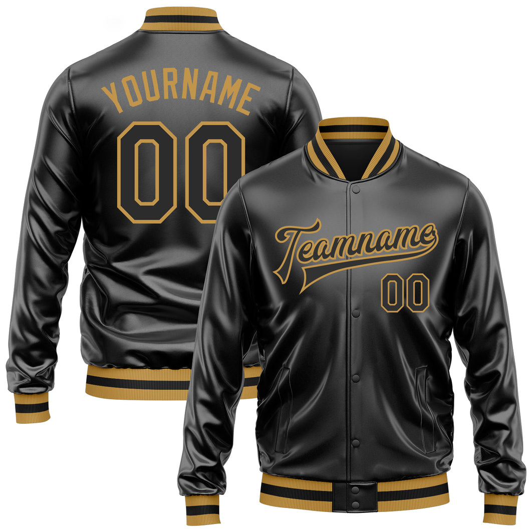 Custom Black Black-Old Gold Bomber Full-Snap Varsity Faux Leather Letterman Jacket