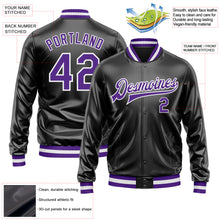 Загрузить изображение в средство просмотра галереи, Custom Black Purple-White Bomber Full-Snap Varsity Faux Leather Letterman Jacket
