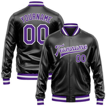 Загрузить изображение в средство просмотра галереи, Custom Black Purple-White Bomber Full-Snap Varsity Faux Leather Letterman Jacket
