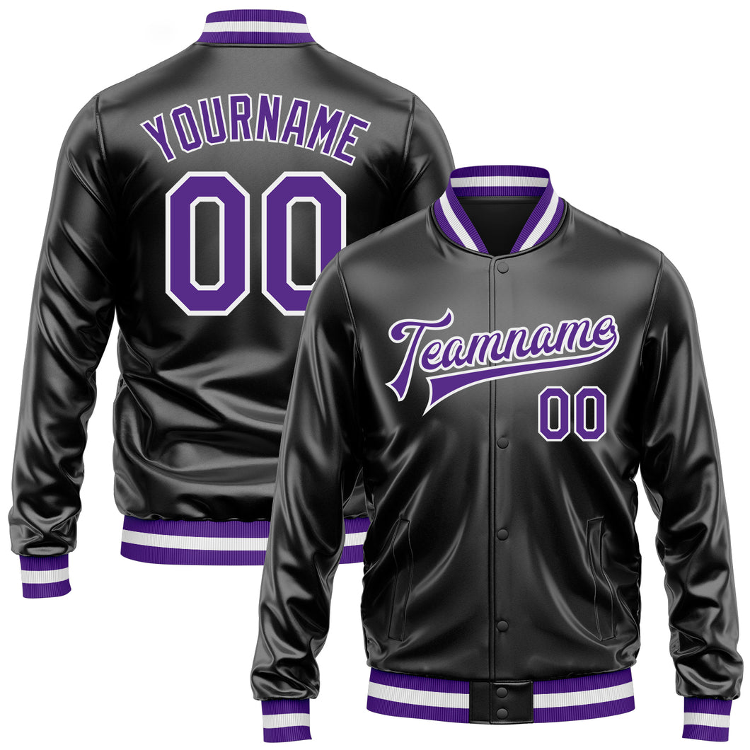 Custom Black Purple-White Bomber Full-Snap Varsity Faux Leather Letterman Jacket