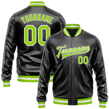 Загрузить изображение в средство просмотра галереи, Custom Black Neon Green-White Bomber Full-Snap Varsity Faux Leather Letterman Jacket
