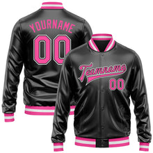 Загрузить изображение в средство просмотра галереи, Custom Black Pink-White Bomber Full-Snap Varsity Faux Leather Letterman Jacket
