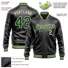 Загрузить изображение в средство просмотра галереи, Custom Black Green-Cream Bomber Full-Snap Varsity Faux Leather Letterman Jacket
