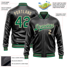 Загрузить изображение в средство просмотра галереи, Custom Black Kelly Green-Cream Bomber Full-Snap Varsity Faux Leather Letterman Jacket

