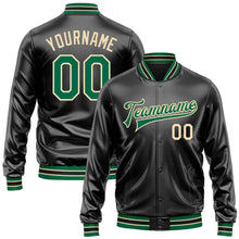 Загрузить изображение в средство просмотра галереи, Custom Black Kelly Green-Cream Bomber Full-Snap Varsity Faux Leather Letterman Jacket
